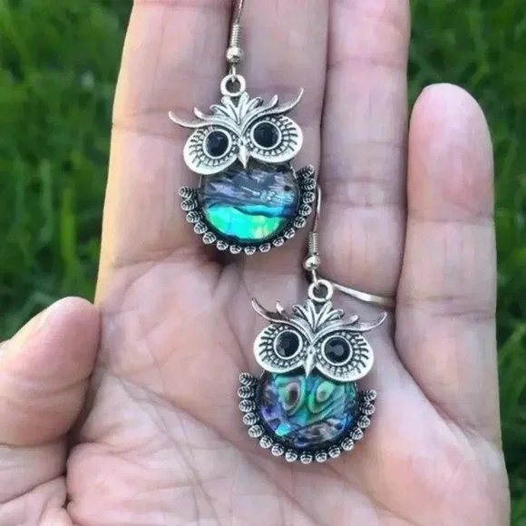 Owl Bird Earrings Real Abalone Tibetan Silver Drop Earrings NWT - Picture 1 of 2